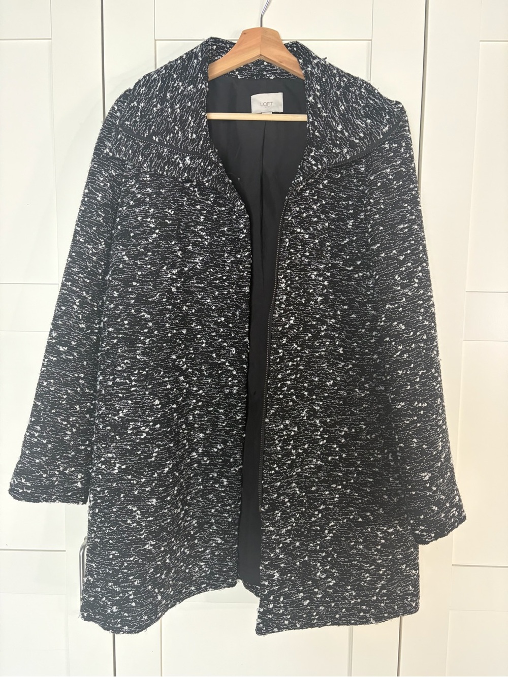 LOFT Black & White Speckled Tweed Open-Front Coat W